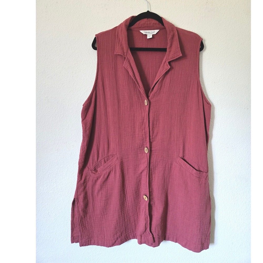 Coldwater Creek Womens L Red Cotton Crinkle Gauze Sleeveless‎ Button Tunic Top - Picture 9 of 9